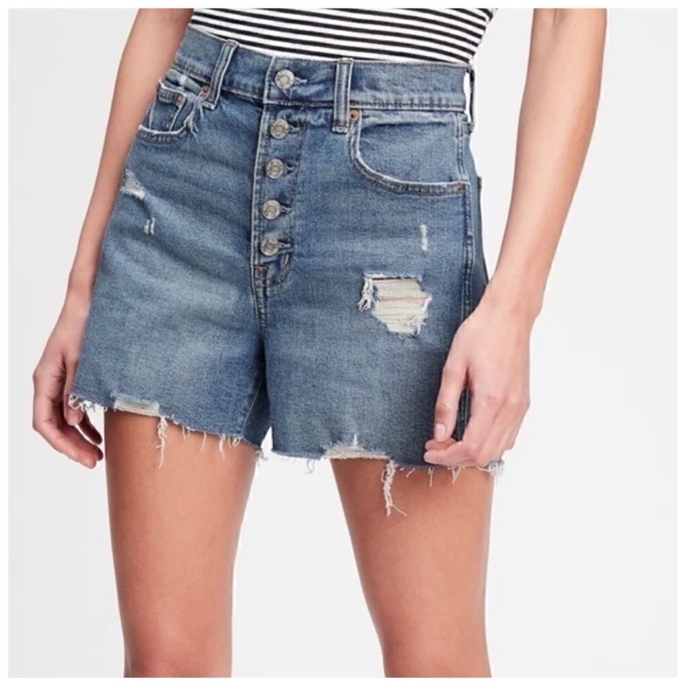 High-Rise Distressed Denim Shorts - Blue